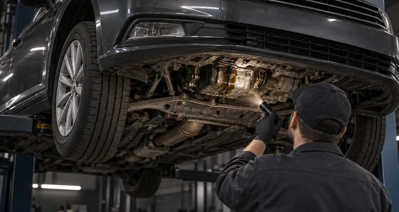 Осмотр днища VW Passat B8 на подъёмнике: мастер с фонарём находит течь масла