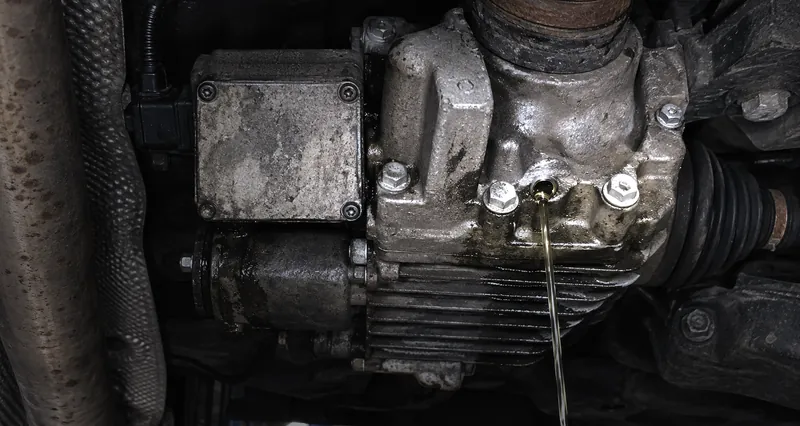 Замена масла в муфте Haldex на Volkswagen Passat B8 4Motion: масло стекает из сливного отверстия, слева блок управления муфты, вид снизу с подъёмника