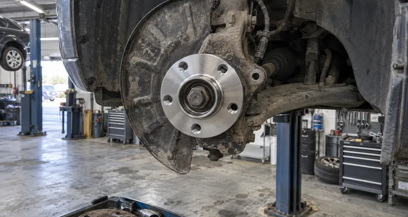 Новый ступичный подшипник в поворотном кулаке Volkswagen Passat B8, тормозной диск и суппорт сняты
