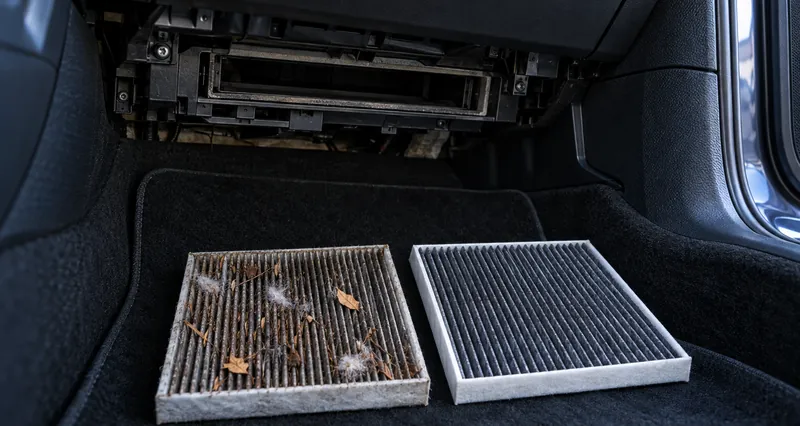 Старый салонный фильтр в пыли и листьях рядом с новым, Volkswagen Golf 7